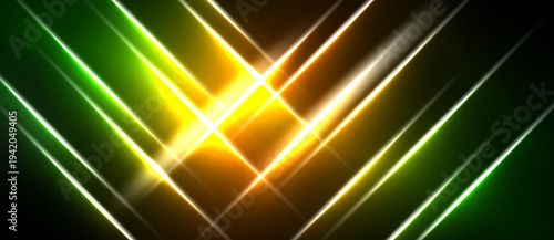 Abstract neon lines converge toward bright center. Vivid green, gold hues create dynamic visual effect. Dark background emphasizes luminosity.