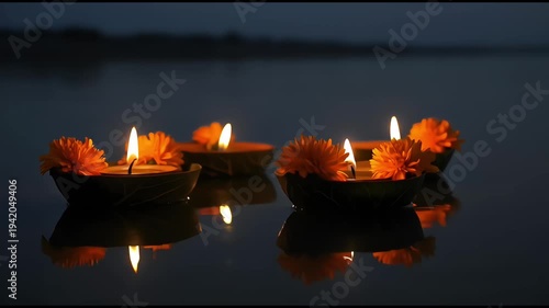 Wallpaper Mural Glowing floating diya oil lamp with marigold flowers on water for diwali festival celebration Torontodigital.ca