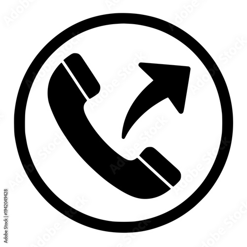 black phone icon with arrow in circle, call sign, communication symbol