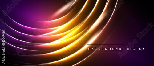 Abstract background features curved lines. Colors transition from purple, pink, orange, gold. Modern design evokes energy, movement.