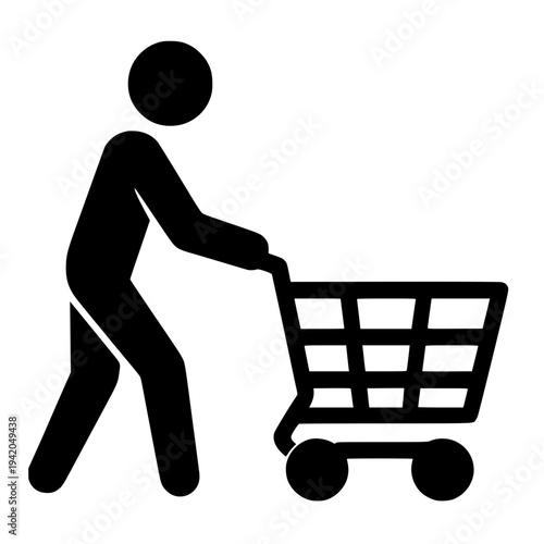 Woman pushing shopping cart icon isolated on white minimalist vector illustration