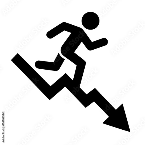 Man running up falling graph, business struggle concept