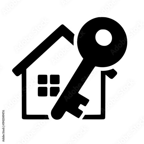 Black house icon with key, home ownership concept, real estate symbol