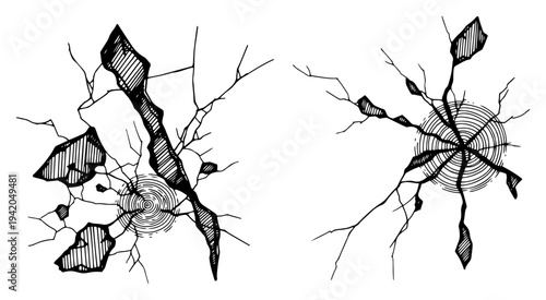 Two dramatic impact cracks and shattered glass patterns on white background