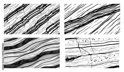 Set of abstract wood grain and rock layer textures in engraving style