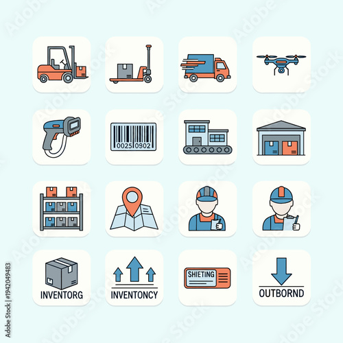 A grid of 16 icons representing various aspects of logistics and supply chain management, including forklifts, drones, and delivery trucks.