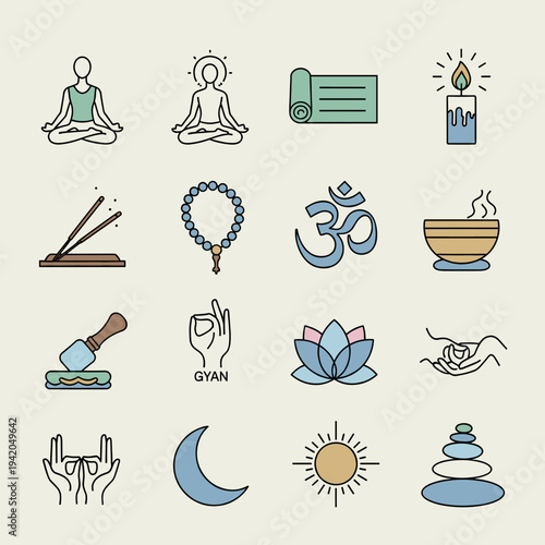 A collection of colorful line art icons representing various elements of yoga, meditation, and spiritual wellness practices on a light background.