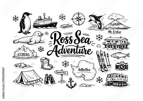 Ross Sea travel vibes, hand drawn doodle elements set, center hand-lettered title, black & white vector line art, bold clean