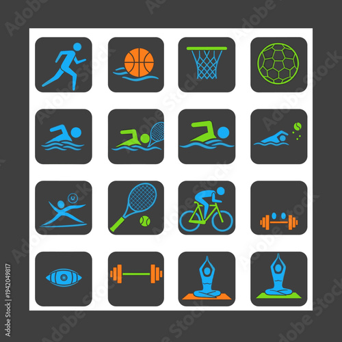 A grid of sixteen colorful sports and fitness activity icons on a dark background, illustrating different athletic pursuits and physical exercises.