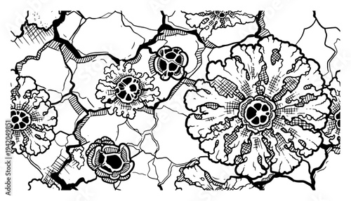 Organic lichen spreading on cracked stone surface texture