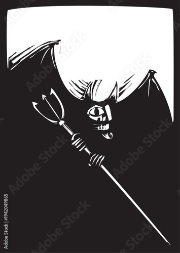 Woodcut style image of a demon from hell with a pitchfork