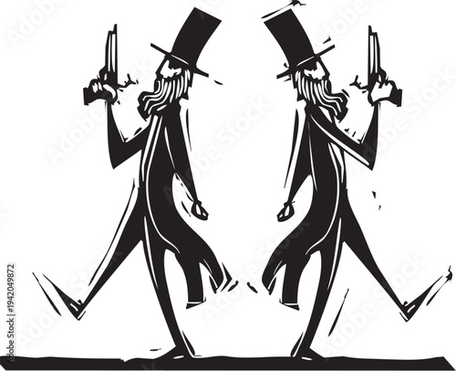 Woodcut style image of two rich people having a duel with pistols