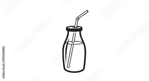 Minimalist outline milk bottle with a drinking straw icon, representing healthy beverage and refreshment, isolated white background.