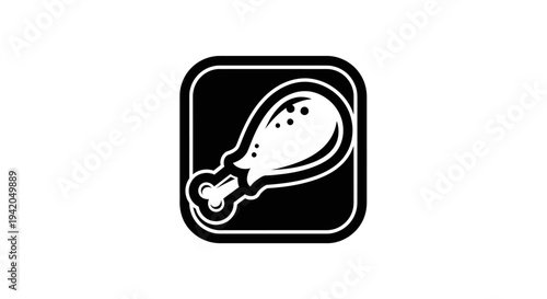 Black chicken leg drumstick icon in a rounded square frame, representing delicious meat food, isolated white background.