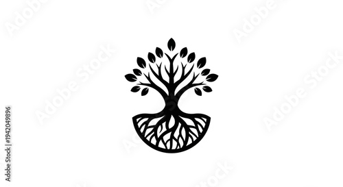 Black tree of life icon with strong roots and branches, symbolizing nature, growth, and environmental stability, isolated white background.