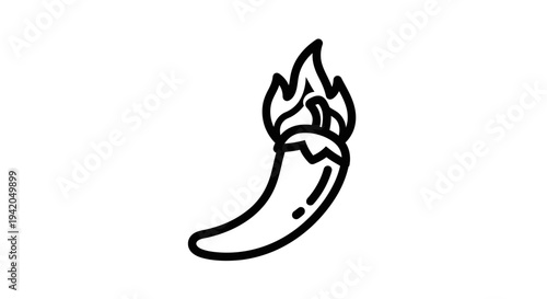 Fiery black chili pepper with flames icon, symbolizing hot and spicy food, isolated white background.