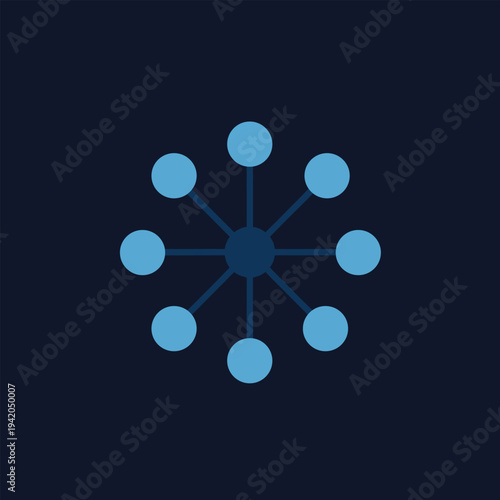 Minimalist blue radial network hub icon with circular nodes on a dark navy background representing digital connectivity, data distribution and artificial intelligence systems AI circuit silhouette AI 