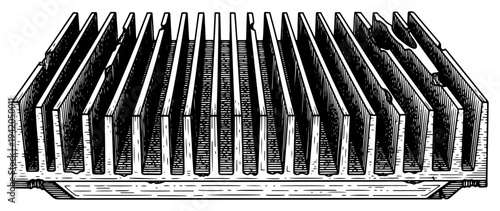 Industrial metal heat sink radiator with cooling fins in detailed sketch style