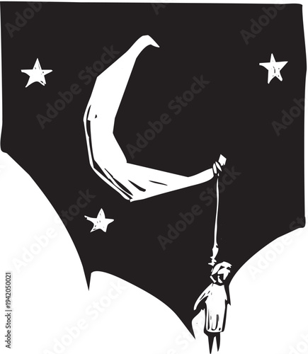 Woodcut style image of a person or doll hanging from the moon as if it were a gallows.