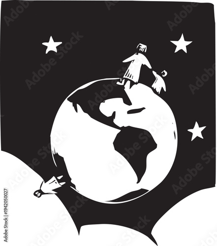 Woodcut style image of people on a globe separated by distance