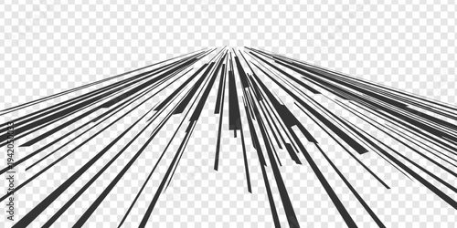 Radial manga speed lines. Black comic book burst effect and concentric action energy. Vintage pop art texture, lightning shock focus and surprise explosion illustration style. Vector anime background.