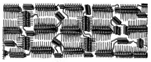 Pattern of electronic microchips and circuit components in vintage etching style