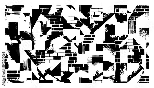 Abstract urban camouflage texture with grunge brick wall fragments and geometric shapes