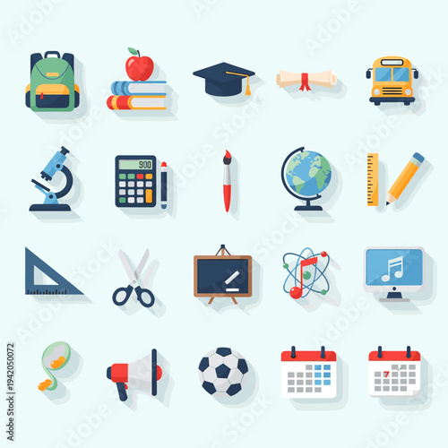 A comprehensive collection of flat design school and education icons on a light blue background.