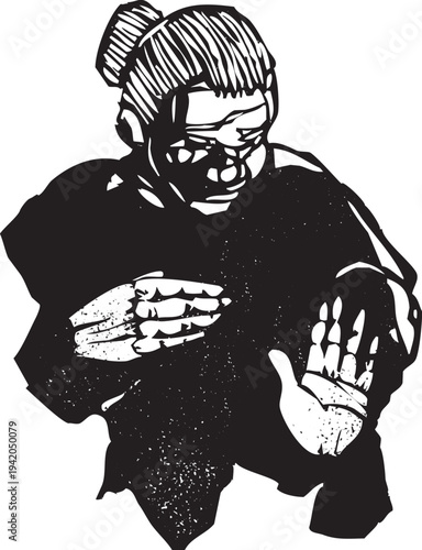 Woodcut style image of an old woman with her hands raised