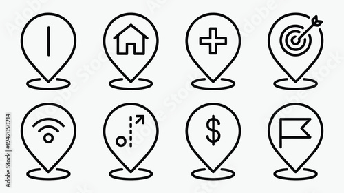 Map marker and location pin vector icon collection featuring home, search, target, Wi-Fi, route, dollar, and bookmark icons, GPS and navigation design