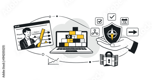 Modern minimal flat vector conceptual collage, crisp hard edges, consistent THIN outline stroke, rounded corners where needed,