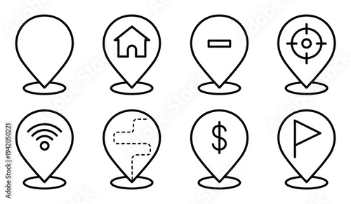 Location pin and map marker icon set including home, search, target, Wi-Fi, route, dollar, and bookmark symbols, navigation and geolocation concept