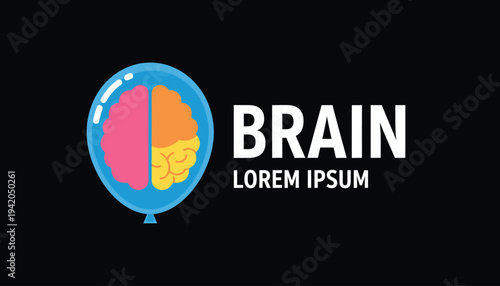 Colorful creative brain logo inside a blue balloon on black background for psychology and mental health concepts featuring AI circuit silhouette style elements AI Generative
