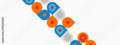 Colorful circles, squares, rectangles form abstract diagonal pattern. Simple shapes create playful visual composition. Light background enhances contrast.