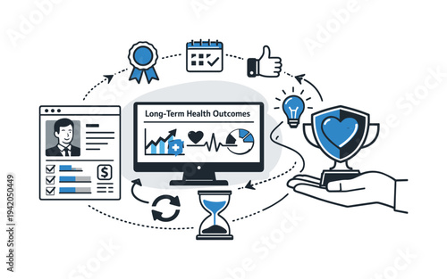 Minimal Health Workflow Collage. Modern minimal flat vector conceptual collage, crisp hard edges, consistent THIN outline stroke,