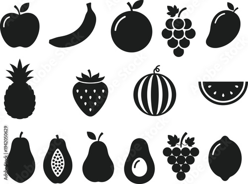 versatile collection of assorted fresh fruit silhouettes including apple, orange, strawberry, grapes, watermelon, and avocado