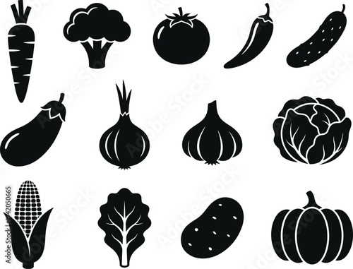 An extensive flat-design silhouette icon set featuring a wide variety of healthy vegetables such as carrot, broccoli, tomato, garlic, onion, cabbage, and pumpkin