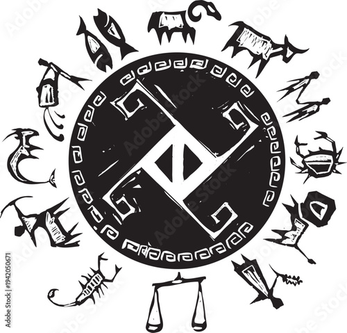 Woodcut style image ofthe Western Zodiac surround a greek shield