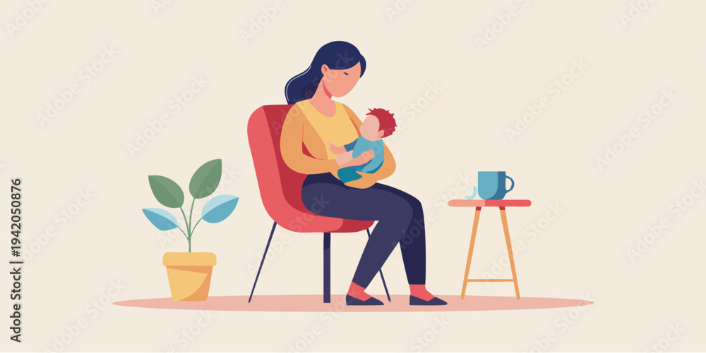 Fototapeta premium Mother breastfeeding baby while sitting on chair representing public breastfeeding motherhood care and parenting support flat vector illustration