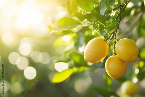 Fresh lemons grow on a tree in a sunlit garden during the day with green leaves surrounding the fruit