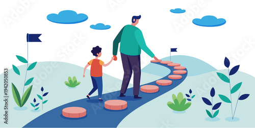 Father guiding child along stepping stones path representing positive discipline parenting support and growth flat vector illustration