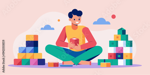 Adult enjoying playful building blocks representing kidult lifestyle creativity nostalgia and playful hobbies flat vector illustration