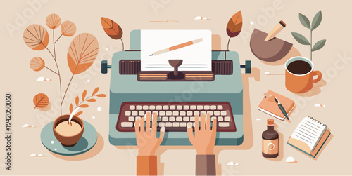 Writer working on typewriter with coffee notebook and creative workspace flat vector illustration