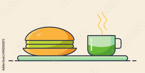 Japanese dorayaki pancake sandwich with sweet filling and hot tea cup simple flat food illustration