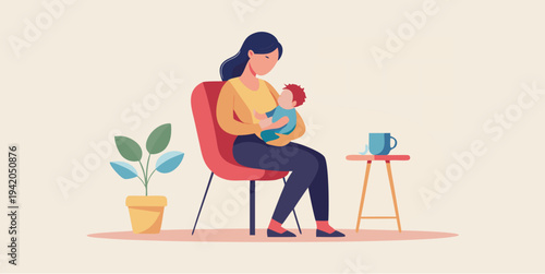 Mother breastfeeding baby while sitting on chair representing public breastfeeding motherhood care and parenting support flat vector illustration