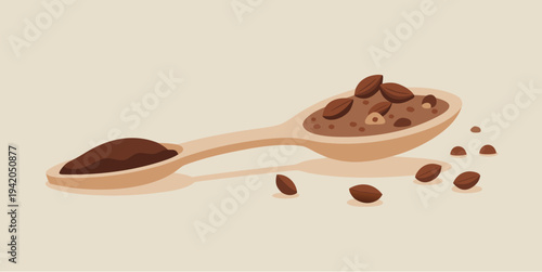 Chocolate collagen powder supplement with cocoa beans in wooden spoon healthy nutrition ingredient flat vector illustration