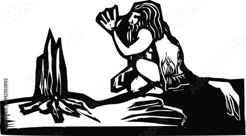 Woodcut style image of a primitive man sitting beside of a fire