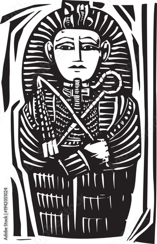 Woodcut style image of an Egyptian Pharaoh's sarcophagus 