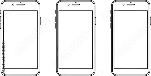 Three smartphone outlines in a row on a white background