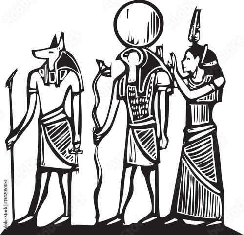 Woodcut style image of the Egyptian gods Anubis and Horus